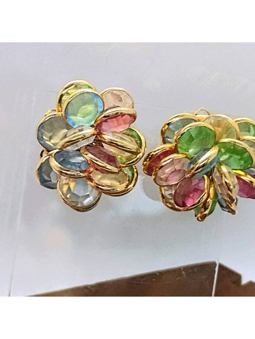 Vtg Bezel Set Crystal Cluster Earrings Gold Tone Pierced Pastel Colors - Picture 5 of 9